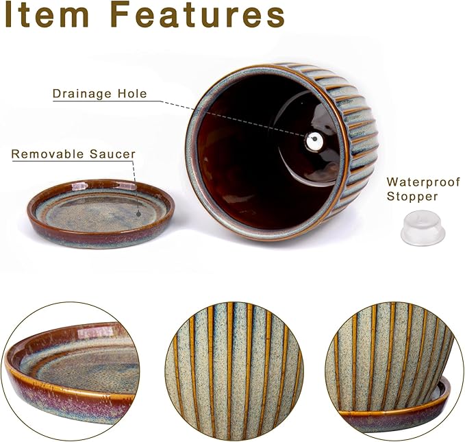 Oairse Ceramic Pots for Indoor Plants 5.7 inch Pots for Plants Set of 2 Brown Planters with Drainage Holes and Saucers Texture Ceramic Planters Indoor Outdoor for Succulent