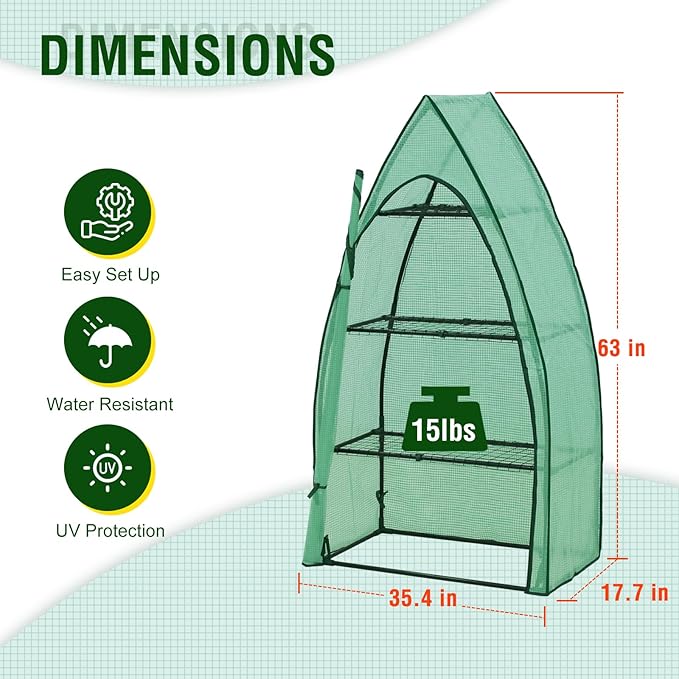 EAGLE PEAK 4-Tier Mini Greenhouse Portable Green House with Shelves &amp Weather-Resistant PE Cover Small Greenhouse for Seedlings &amp Gardening Gifts 35x18x63 in Clear/Green
