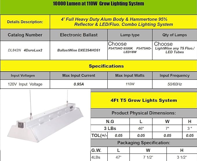 Durolux DL842N T5 4-foot 2 Fluorescent Lamps Grow Lighting System with 10000 Lumens and 6500K Full Sunlight Spectrum and Low Profile 7 Wide Reflector