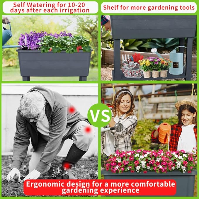 3 Pcs Self Watering Elevated Raised Garden Bed Large Outdoor Plastic Planter Box Big Flower Plant Pot for Planting Flowers Vegetables and Herbs (3 Dark Grey)