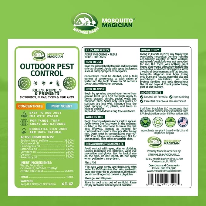 Mosquito Magician Indoor and Outdoor Flea &amp Tick Spray - Use for Carpet Furniture Bedding Couches &amp Pets – Plant-Sourced with Essential Oil – Mint 32 OZ