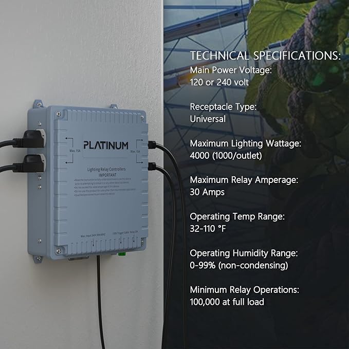 Lighting Relay Controller 4000W 4-Light HID Master Relay Controller w/Trigger Cord for Hydroponics Indoor Grow Lighting (4-Outlet)