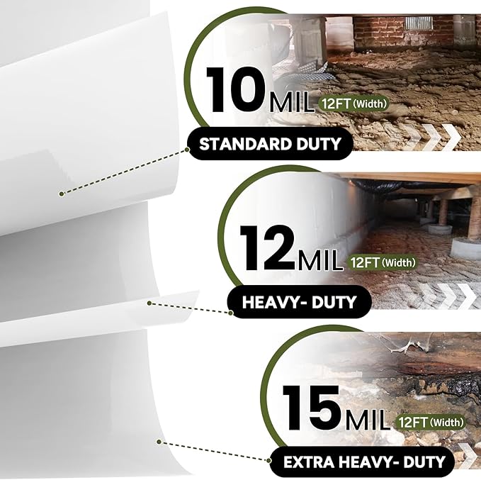 White Crawl Space Vapor Barrier 10 Mil Vapor Barrier 12' x 12' Heavy Duty Polyethylene Film Thick Plastic Sheeting Plastic Drop Cloth Covering for Crawlspace Basement White