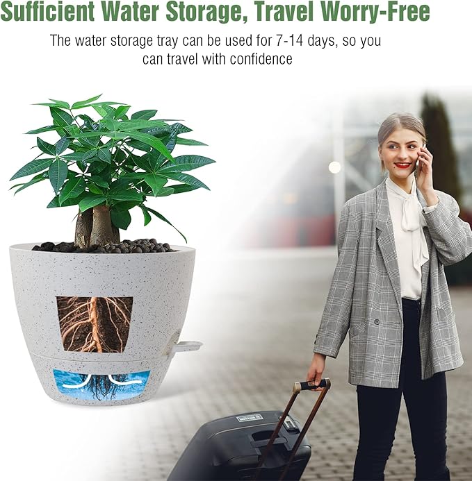 12 inch Large Self Watering Pots Plastic Planters with 60oZ Removable Deep Reservoir and Multi Mesh Drainage Holes for Indoor Outdoor Garden Plants and Flowers White Speckles