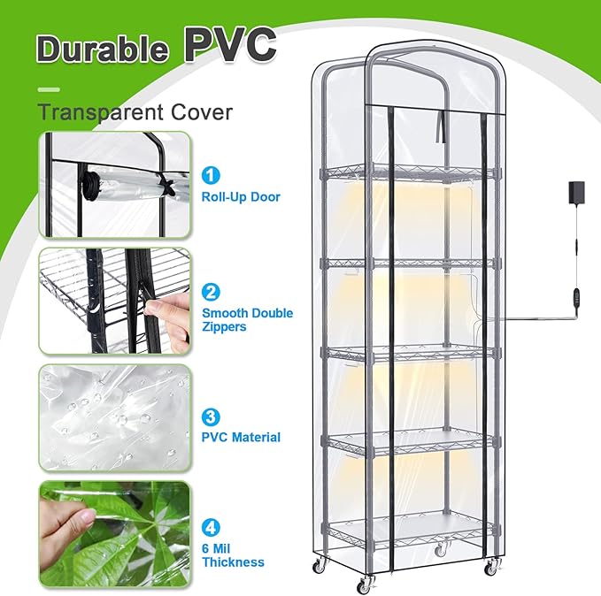 Abimars 5-Tier Mini Greenhouse with Grow Light Shelf Height Adjustable Metal Plant Shelf with PVC Cover and Wheels Includes 4-Pack Full Spectrum Plant Lights 11x16x57inch