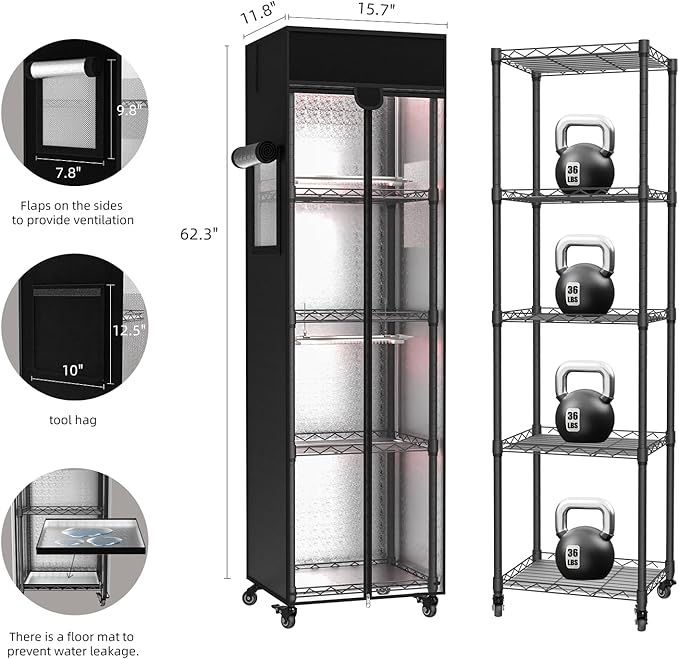 Indoor Greenhouse with Grow Light 5 Tier 15.7 L×11.8 W×62.3 H growtent with Lights with 48W Full Spectrum Growing LampsMetal Indoor Plant Enclosure for Seed Starting
