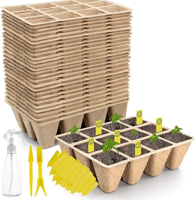 SYITCUN 480 Cells Seed Starter Tray 40 Pack Biodegradable Seed Starter Kit Peat Pots for Seedlings with 400 Plant Labels 2 Seed Planting Tool and 1 Spray Bottle