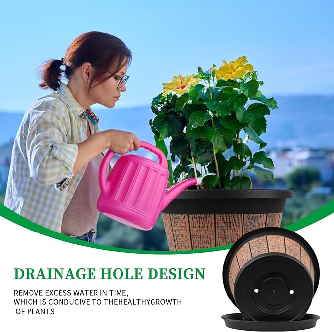 Quarut Large 4 Pack 16 inch Plant PotsWhiskey Barrel Planters with Drainage Holes &amp SaucerPlastic Decoration Flower Pots Retro DesignPlanters for Outdoor Indoor Garden Balcony Plants (Brown)