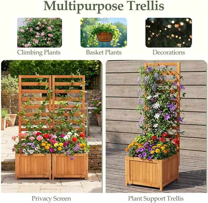 2-in-1 Wooden Raised Garden Bed with Trellis 48 Vertical Planter Box for Climbing Plants Vegetables &amp Flowers Outdoor Wood Privacy Screen for Patio Balcony &amp Backyard Natural Fir Wood