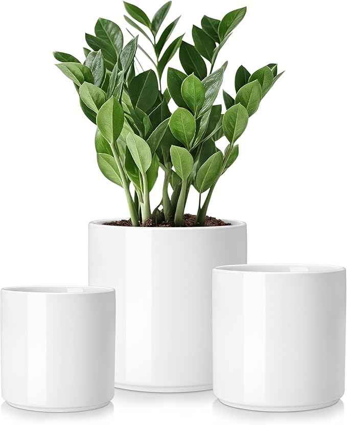 vancasso Ceramic Plant Pots 4.25+5.25+6.25 Inch Planter Pot with Drainage Hole Flower Pots for Indoor Outdoor Plants Set of 3 White