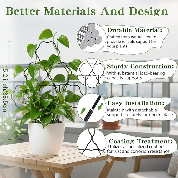 ZOUTOG 12 Pack Trellis for Climbing Plants Outdoor 15 InchRustproof Metal Garden Trellis for Potted PlantsSturdy Houseplant Support Indoor Outdoor for Ivy Pothos Monstera Hoya Flower Vine (Flower)