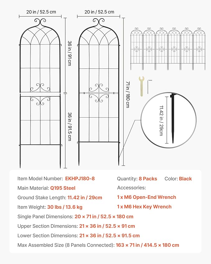 VEVOR Garden Trellis 71 x 20 inch Rose Trellis 8 Packs Garden Flower Rose Trellises with Powder-Coated Finish &amp Convenient Locking Design Plant Support Trellises for Flowers Vegetables Roses