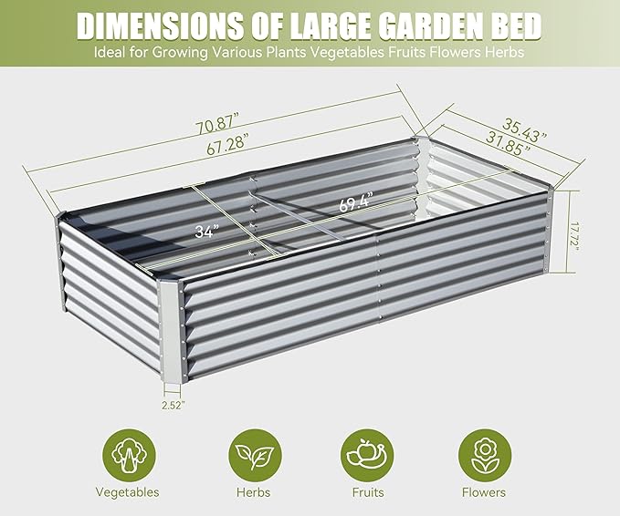 Galvanized Raised Garden Bed Outdoor Planter Garden Boxes Large Metal Planter Box for Gardening Vegetables Fruits Flowers Herb Tomato Potato. (Silver6x3x1.5ft)