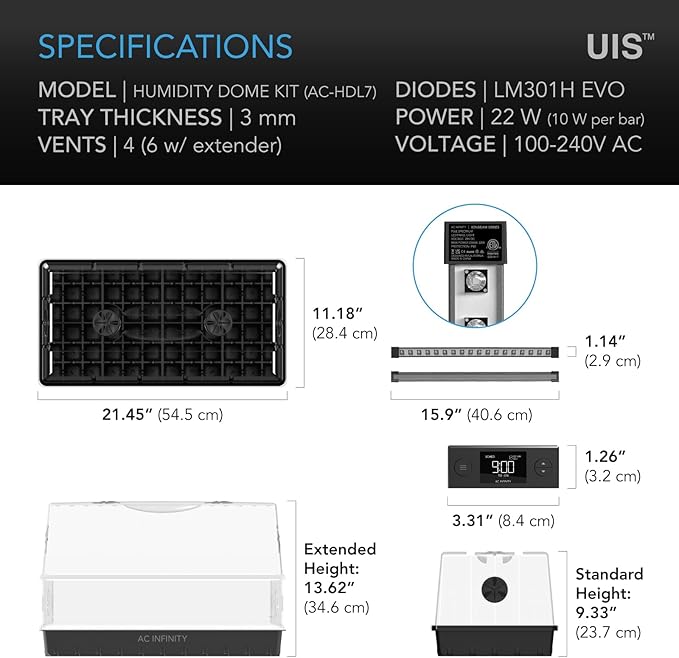 AC Infinity Heavy-Duty Large Humidity Dome w/Full Spectrum LED Grow Light Bars Samsung LM301H EVO Diodes 3mm Thickest Dome and 6x12 Trays Vent Extension Panels for Seed Starting and Propagation