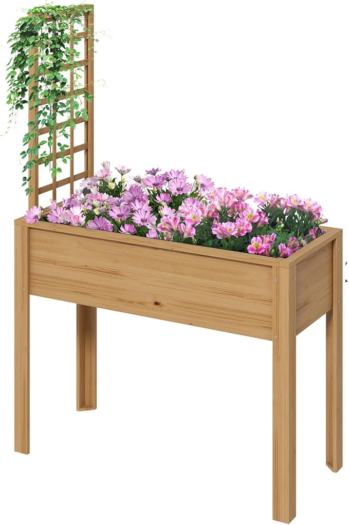 Raised Garden Bed with Trellis for Climbing Plants Elevated Wood Planter with Drainage Holes Filter and Legs for Vegetable Flowers Natural
