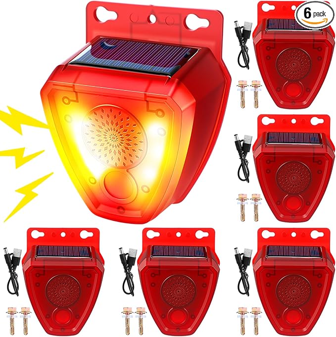 Qualirey 6 Pcs Night Solar Outdoor Motion Sensor Alarm Nocturnal Animal Repeller Outdoor 130dB Sound Alarm Siren Loud Noisemaker 3 Modes for Deer Raccoon Chicken Coop Home Yard Farm Garden
