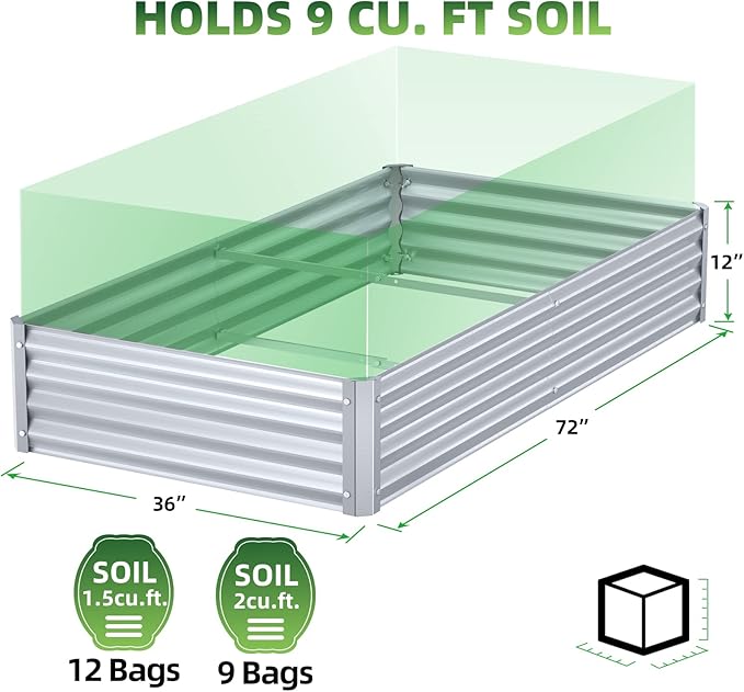 Highpro Raised Garden Bed 6x3x1ft Galvanized Metal Planter Boxes for Herbs Vegetables Flowers and Succulents Silver
