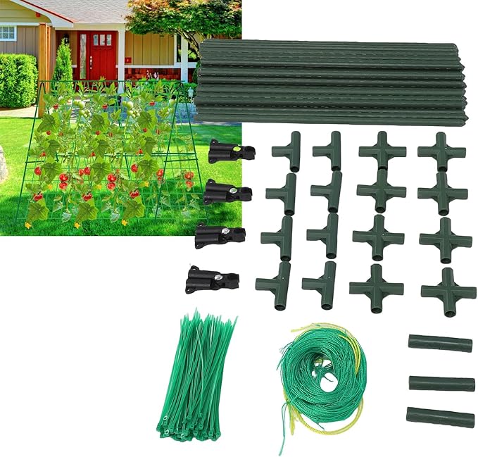 POCREATION Cucumber A Frame Garden Trellis Adjustable Climbing Plants Support with Nylon Net 40 Steel Pipes A Frame Connectors for Cucumbers Tomatoes Grapes