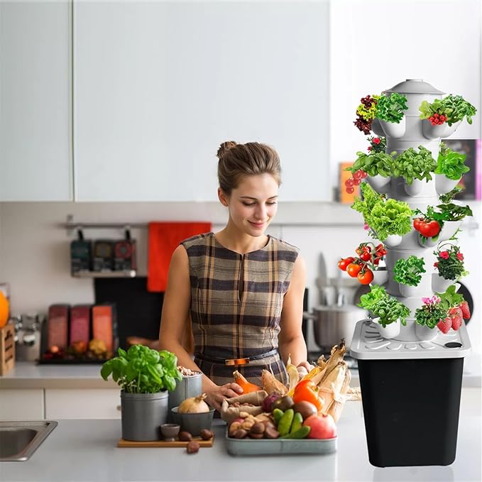 Hydroponics Tower Indoor Growing System Vertical Hydroponics Garden Tower Indoor Smart Garden Kit with Pump and Movable Water Tank (18/25holes)
