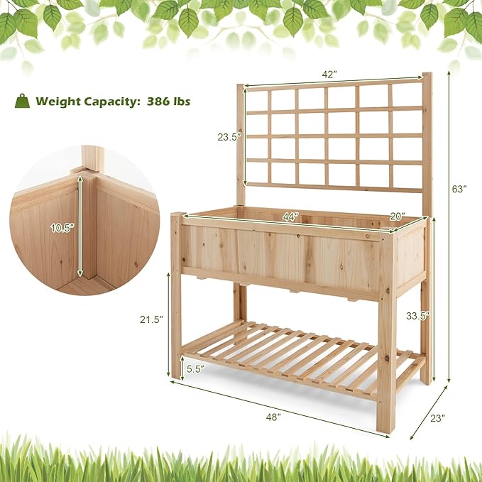 Giantex Wood Planter with Trellis Standing Raised Garden Bed Liner Storage Shelf Elevated Plant Box Stand for Climbing Flower Vegetable Herb Indoor Outdoor Patio Lawn Balcony