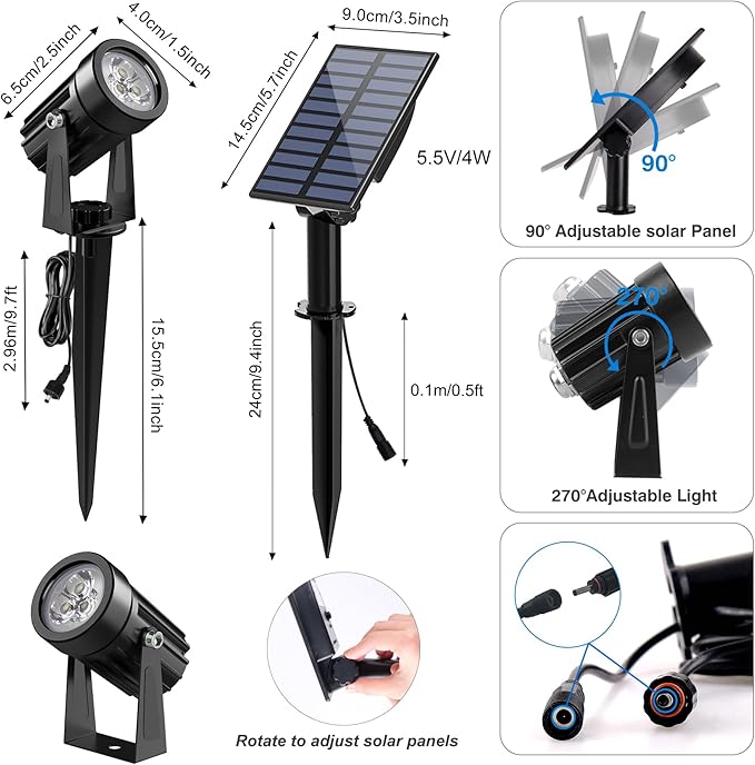 3 Pack Solar Spot Lights Outdoor Solar Landscape Spotlights IP65 Waterproof 9.8ft CableAuto On/Off Outdoor Wall Lights for Garden Yard Driveway Porch Walkway Pool (6000K White+Blue)