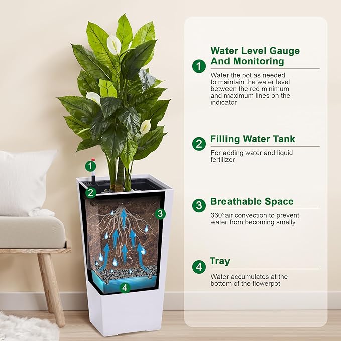 GarveeLife 22.5 in Tall Planters Set of 2 Outdoor＆Indoor Black Planter Pots High Front Porch Planter Pots with Drainage Holes＆Water Level Monitor＆Inner Bucket Automatic Watering White