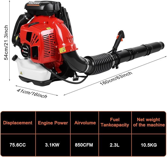 Gas Powered Backpack Leaf Blower 75.6cc 2-Stroke 850 CFM Airflow &amp 200 MPH Wind Speed Yard Blower for Leaves Snow &amp Outdoor Cleanup