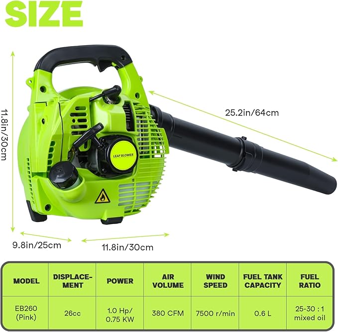 2-Stroke Handheld Leaf Blower Gas Powered Leaf Blower 26cc Gas Grass Sweeper Handheld Petrol Blower Powerful Clearing Blower for Lawn Care Snow Blowing and Yard Cleaning US Green