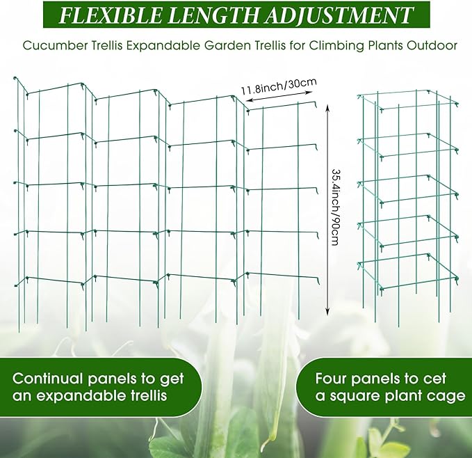 Dandat 8 Pack Green Expandable Garden Trellis for Climbing Plants Outdoor 11.9 W x 35.5 H Plant Support Large Sturdy Steel Pea Trellis for Cucumbers Peas Tomatoes and Other Vining Crops