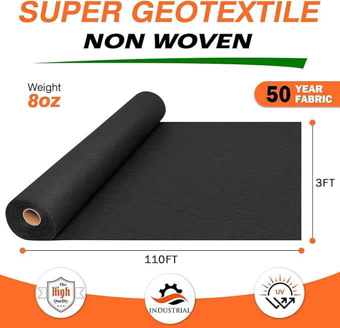 8oz 3FTx110FT Non Woven Geotextile Fabric for French Drains Landscaping Underlayment Weed Control Construction Erosion Control