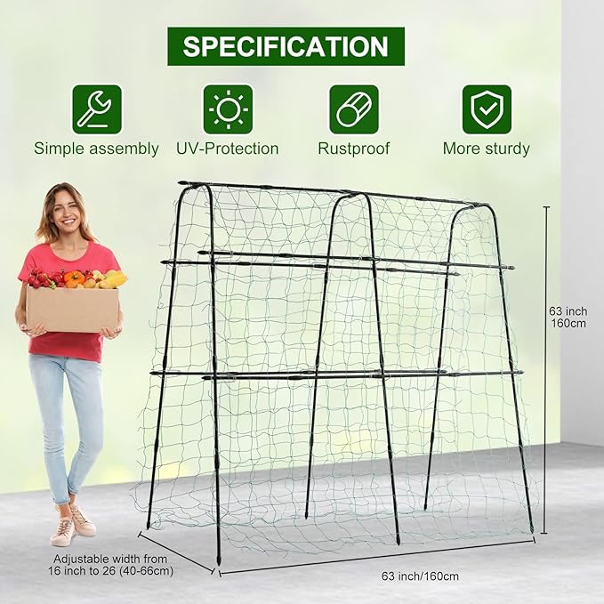 Cucumber Trellis for Raised Bed 5x5ft Metal Garden Trellis Climbing Plants Outdoor Tomato Plant Support Grape Vegetables Squash Bean Pea Cucumber Trellis with Netting Black