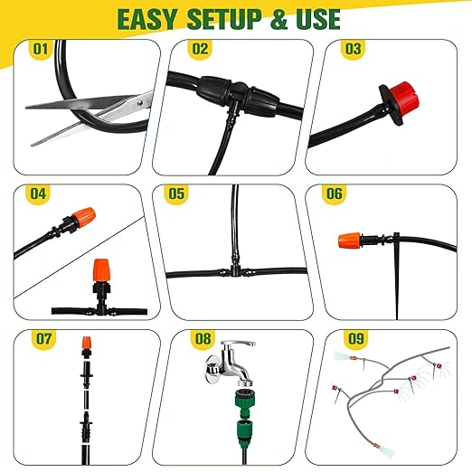 EAGLE PEAK 131 ft Automatic Drip Irrigation Kits DIY 1/4 Distribution Tubing Hose Adjustable Nozzle for Lawn Greenhouse Raised Bed Patio