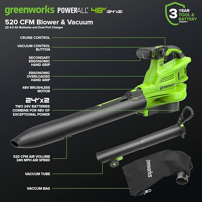 Greenworks 48V (24V x 2) Cordless Brushless Leaf Blower/Vacuum (520 CFM / 240 MPH) with Bag Powerful &amp Efficient for Yard Debris Cleanup Includes (2) 4.0Ah Battery &amp Dual Port Charger