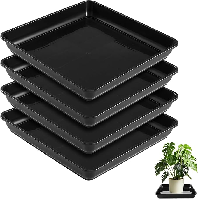Vesici 4 Pack Large Squared Plant Saucer 23.6 x23.6”x 3” Black Plastic Garden Square Potting Tray for Indoor Outdoor Plant Water Receiving Tray for Flower Pot Planter Windowsill