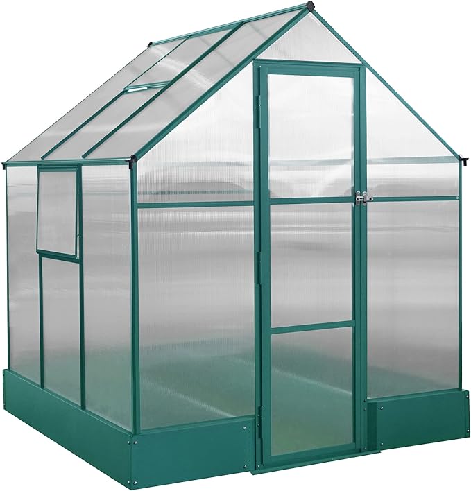 6'x 6' Polycarbonate Greenhouse with Waterproof and Lockable DoorLarge Space Heavy Duty Walk-in Plant Garden Conservatory w/ Rain Gutters&ampCross Bracingfor Backyard OutdoorGreen