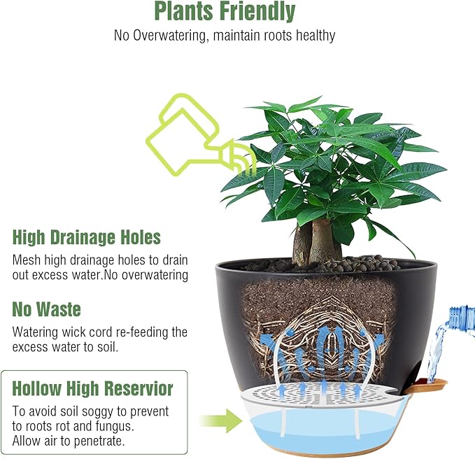 12 inch Large Self Watering Pots Plastic Planters with 60oZ Removable Deep Reservoir and Multi Mesh Drainage Holes for Indoor Outdoor Garden Plants and Flowers Black with Brown