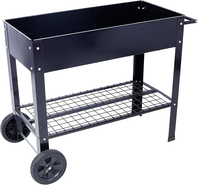 Elevated Mobile Raised Ergonomic Metal Planter Garden Bed with Wheels Storage Shelf and Drainage Holes 42.25x19.5x31.5 Black