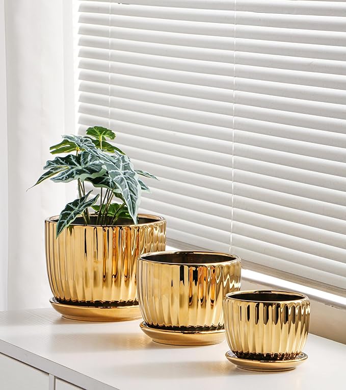 Ton Sin Gold Plant Pots4.1+5.1+6.5 Inch Ceramic Succulent Planters Set of 3 Mini Indoor Flower Pot with DrainageHandmade Decorative Ceramic Orchid and Herb Pots(Gold)
