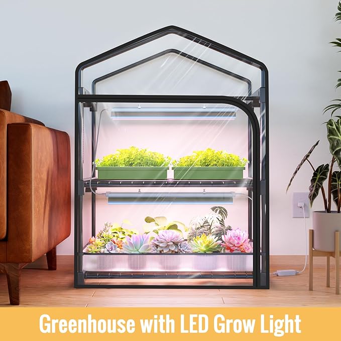 Mini Indoor Greenhouse with Grow Light 2-Tier Plant Stand with PVC Tent Ventilation Window Bottom Pouch 20W Full Spectrum Grow Light with Timer for Seed Starting 27 L x 19 W x 35 H
