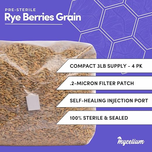 Mycelium Rye Berries Grain Spawn | 4-Pack (3 lb Each) | Pre-Sterilized Mushroom Substrate with Self-Healing Injection Ports | Bulk 12 lb Supply for High-Yield Cultivation