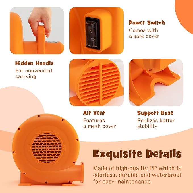 Costzon Air Blower 1.0HP Blower for Bounce House with 25FT SJTW Wire &amp Stakes GFCI Plug ETL 750W Perfect for Inflatable Bouncer Blower Orange IPX4 Air Blower for Inflatables