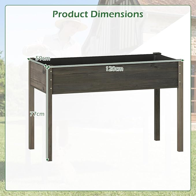 Giantex Wooden Raised Garden Bed Solid Pine Wood Planter Box w/Legs Drainage Holes Black Liner Outdoor Indoor Elevated Planter Box Stand for Patio Garden Lawn Greenhouse 47 x 23 x 30