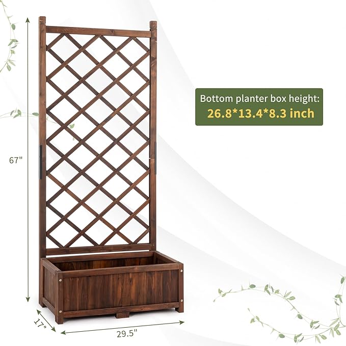 Wood Planter Raised Garden Bed with Trellis 67 Inch Height Outdoor Garden Flower Standing Planter Box Lattice Panels with Planter for Patio Porch with Drainage Holes Brown