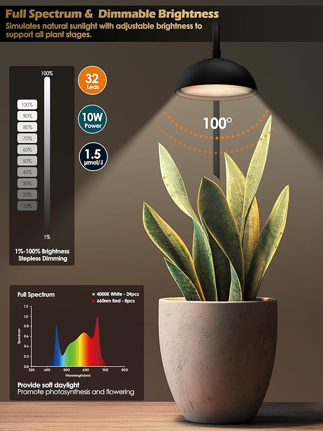 GLOWRIUM Smart Grow Lights for Indoor Plants10W Full Spectrum LED Plant Light with 3/9/12 Timer10 Dimmable LevelsHeight Adjustable Grow Light with Base (Black)
