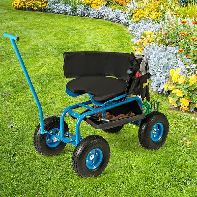 ERGOMASTER Rolling Garden Seat with Wheels360 Degree Swivel Seat Gardening Stool for PlantingTool Storage &amp 2 Steering HandlesUse for Patio Yard and Outdoors Workseat Blue