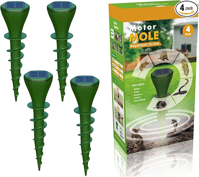 Mole Repellent Solar Powered 4 Pack IP65 Waterproof Mole Vole Repellent for Yard Gopher Groundhog Deterrent for LawnUltrasonic Repellent OutdoorKeeps Snakes Lizard Groundhog Skunk Out of Yard