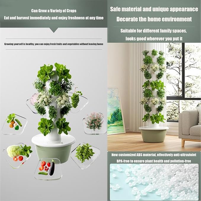 Auto Water Circulate Hydroponics TowerSoilless Cultivation Vertical Tower Farming Garden PlanterHydroponics Growing Towerwith Water Circulation and Automatic Timer green-9layers+plantlight
