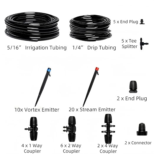 100FT Drip Irrigation System Adjustable Nozzle Irrigation System for Garden Automatic Garden Watering System with 5/16 &amp 1/4 Tubing DIY Drip Irrigation Parts for Yard Lawn Flower Beds