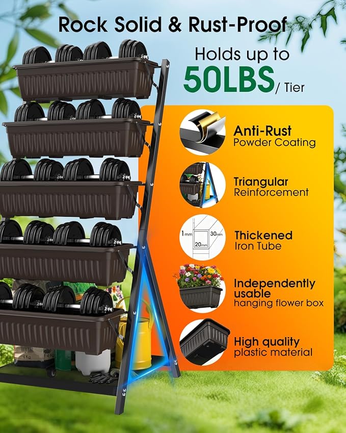5-Tier Vertical Garden Bed Planter Boxes with Drainage System &amp Storage Space Freestanding Vertical Garden Planter with 5 S-Hooks for Plants Vegetables Flowers Herbs in Garden Patio Yard