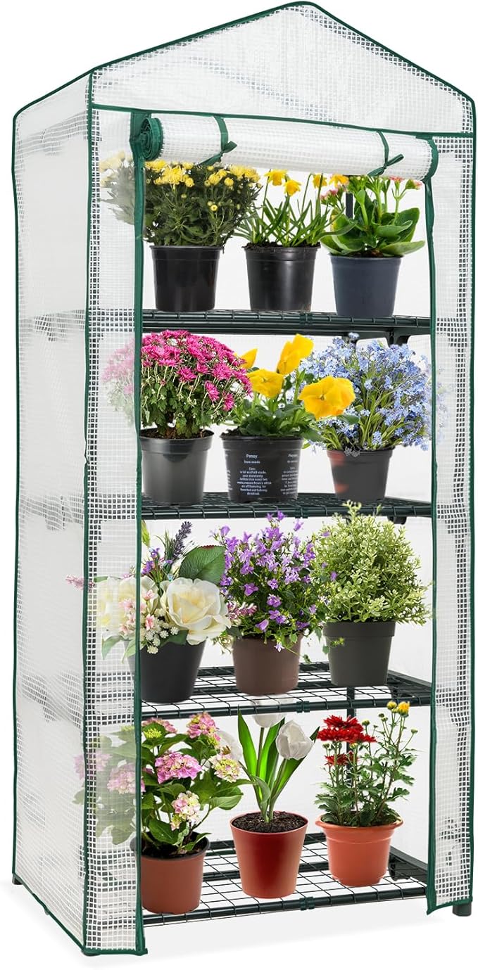EAGLE PEAK 4-Tier Mini Greenhouse Portable Green House with Shelves &amp Weather-Resistant PE Cover Small Greenhouse for Seedlings &amp Gardening Gifts 27x19x64 in Clear/White